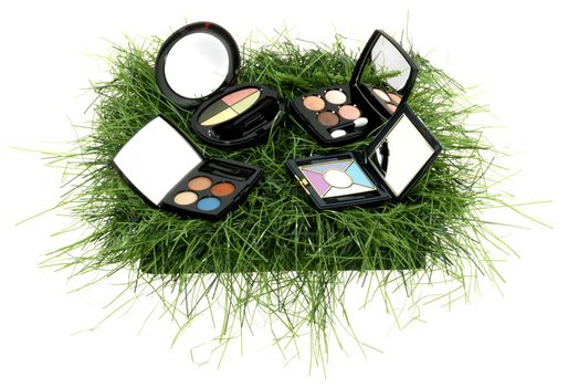 diferent make up in a bascet with grass