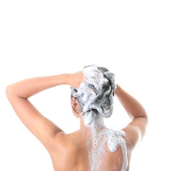 Young woman in shower washing her hairs isolated on white background