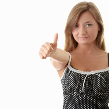 Young woman with thumb up isolated on white background