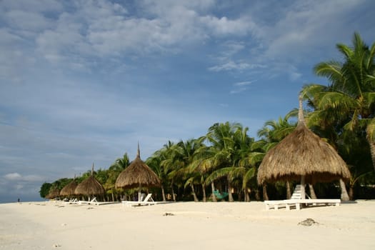 rows of nipa hut shade with coconut trees as background
