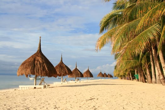 rows of nipa hut shade along the beach

