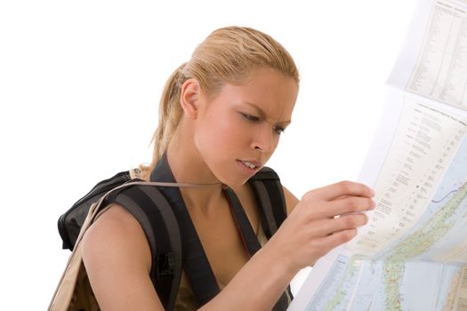 Pretty blond girl checking out the roadmap to see where she is