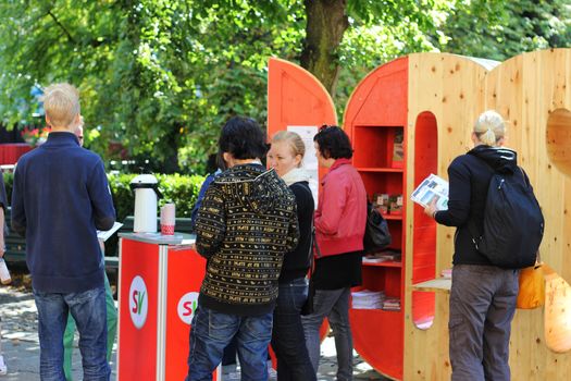 Campaign stand of the norwegian Socialist Left Party (Sosialistisk Venstreparti) during the norwegian election campaign 2011.