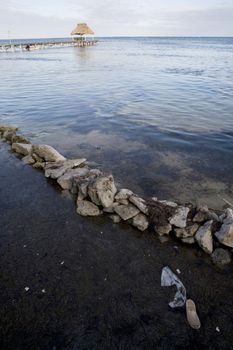 Trash floats in the shallow water at the shore in the Gulf of Mexico.
