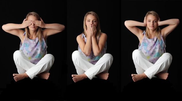 Isolated studio shot of a young woman in the See No Evil, Hear No Evil, Speak No Evil poses.
