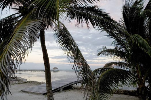 Palm trees and wooden piers along a beautiful beach in the Gulf of Mexico at sunset.
