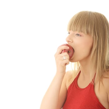 Young blond woman with red apple isolated on white background - healthy concept