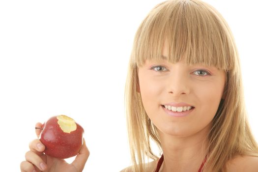 Young blond woman with red apple isolated on white background - healthy concept