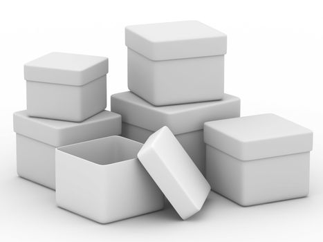 Six boxes on white background. Isolated 3D image