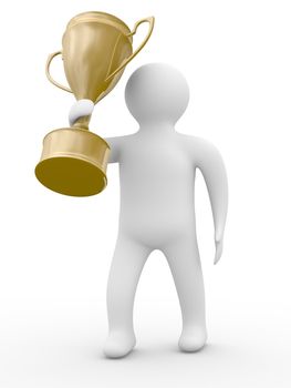 winner with gold cup on white background. Isolated 3D image