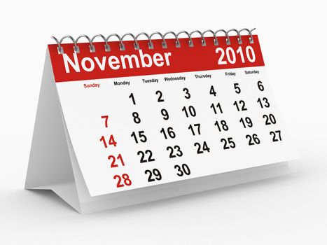 2010 year calendar. November. Isolated 3D image.