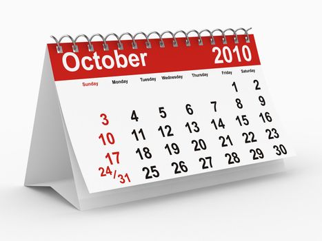 2010 year calendar. October. Isolated 3D image.