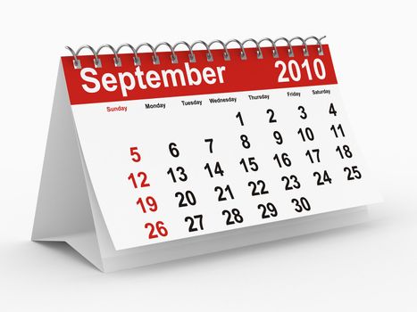 2010 year calendar. September. Isolated 3D image