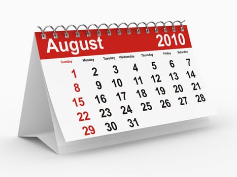 2010 year calendar. August. Isolated 3D image