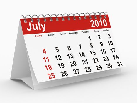 2010 year calendar. July. Isolated 3D image