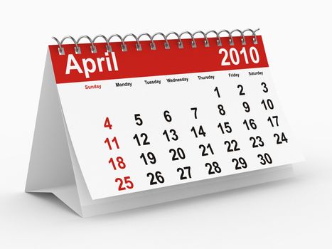 2010 year calendar. April. Isolated 3D image