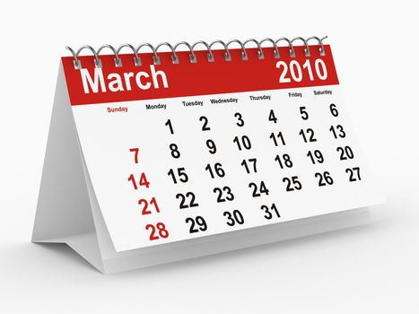 2010 year calendar. March. Isolated 3D image