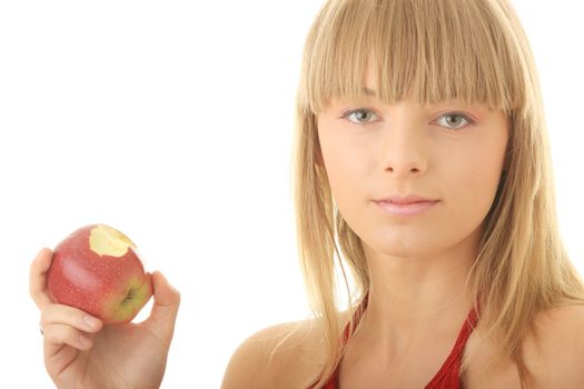Young blond woman with red apple isolated on white background - healthy concept