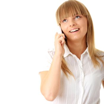 Portrait of happy smiling businesswoman on phone at office isolated on white background