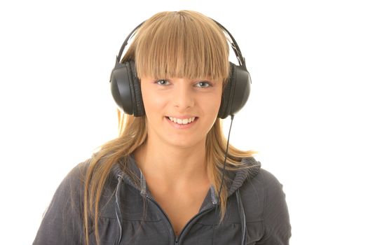 Young beautiful happy women listening music in headphones