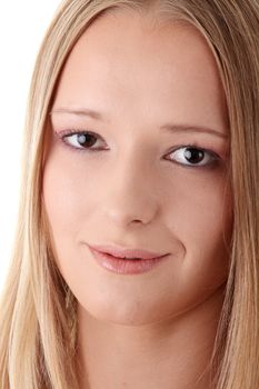 Closeup portrait of a happy young woman isolated on white background