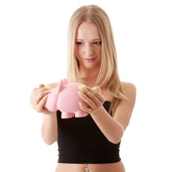 Young casual caucasian woman holding piggy-bank isolated on white background