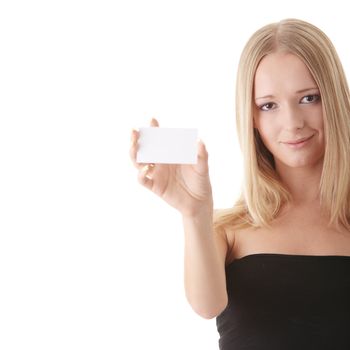 Young blond woman with businesscard in hand