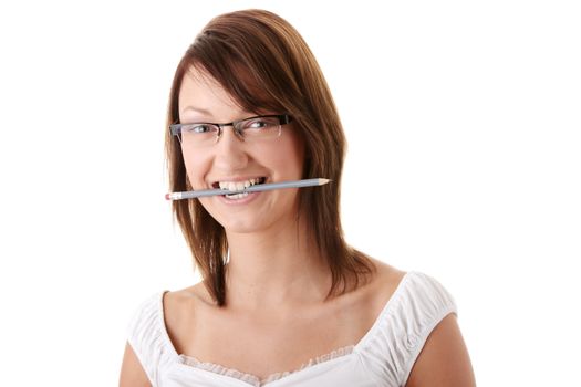 The young beautiful student with pencil on a white background