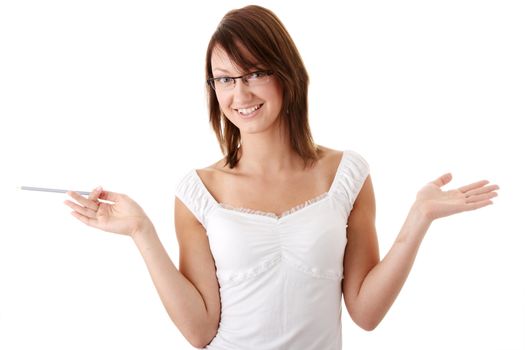 The young beautiful student with pencil on a white background