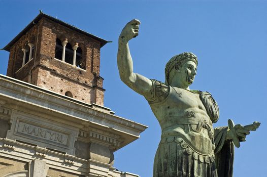 First Christian Roman emperor Constantine statue in front of Basilica di San Lorenzo di Milano.
