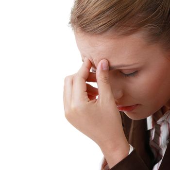 Woman with severe Migraine Headache holding hands to head