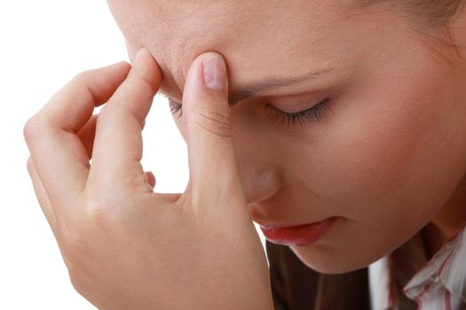 Woman with severe Migraine Headache holding hands to head