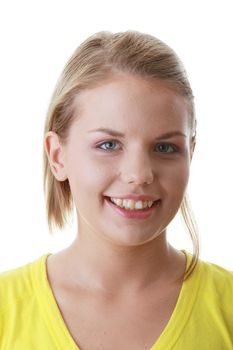 Closeup portrait of a young woman isolated on white