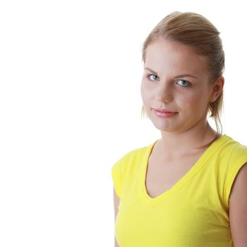 Closeup portrait of a young woman isolated on white