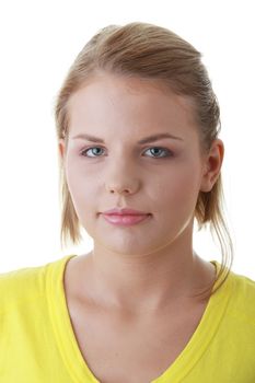 Closeup portrait of a young woman isolated on white