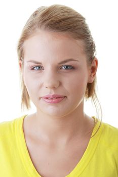 Closeup portrait of a angry young woman isolated on white