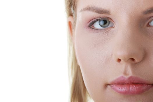 Casual young woman face close up isolated on white