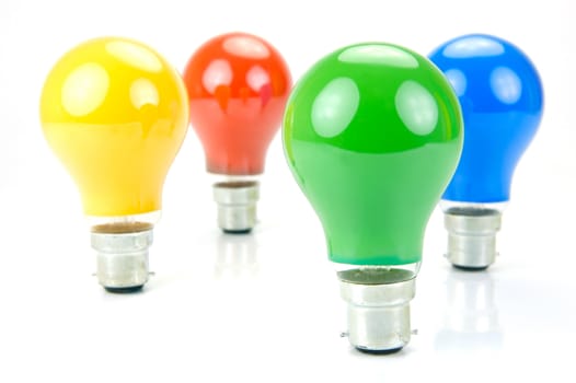 Colored light bulbs isolated against a white background