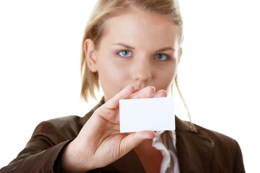 Lady with blank business card isolated on white background
