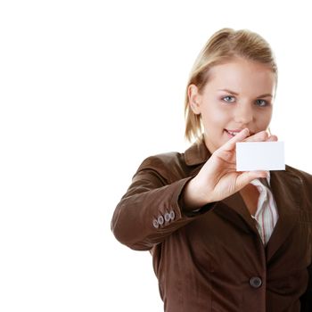 Lady with blank business card isolated on white background