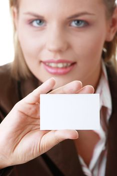 Lady with blank business card isolated on white background