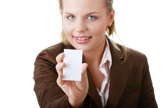Lady with blank business card isolated on white background