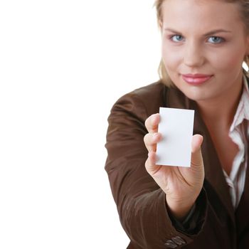 Lady with blank business card isolated on white background