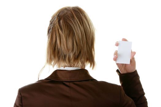 Lady with blank business card isolated on white background