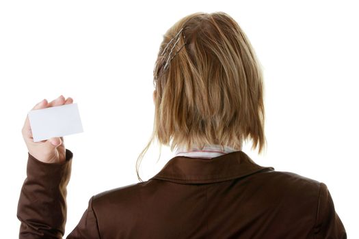 Lady with blank business card isolated on white background