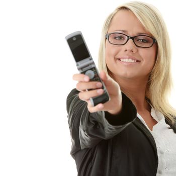 Attractive young business women with cellular phone isolated on white background - focus on girl