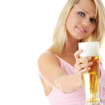 Young atractive blonde in sexy lingerie holding a beer - focus on beer