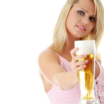 Young atractive blonde in sexy lingerie holding a beer