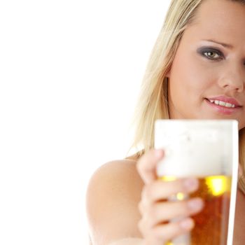 Young atractive blonde in sexy lingerie holding a beer