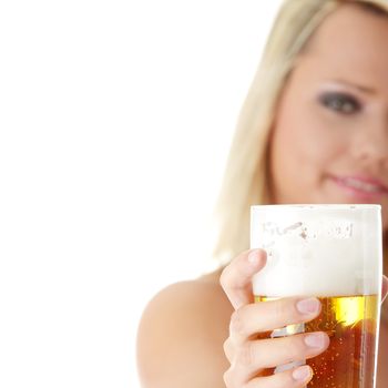 Young atractive blonde in sexy lingerie holding a beer - focus on beer